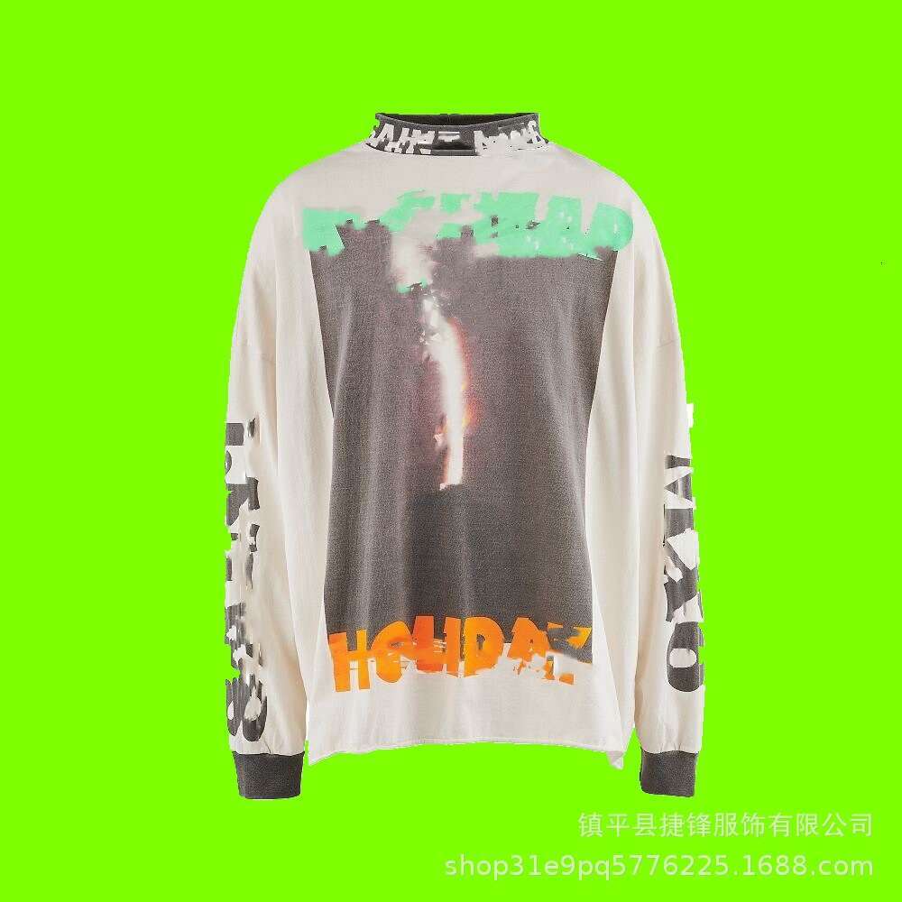 New Hip Hop American Trendy Collar Letter Splicing Men's Women's Long Sleeves Washed and Used Graffiti Loose Round Neck