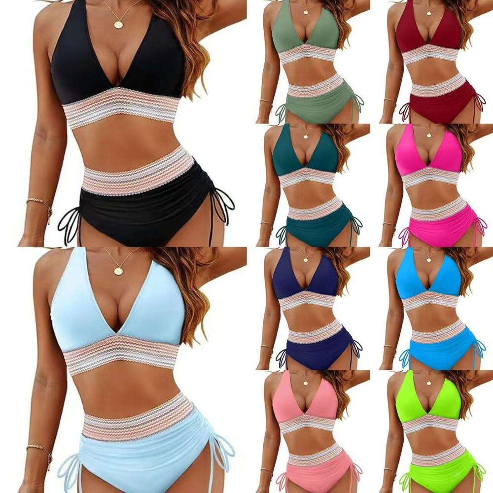 Women's High Waist Split Set V-neck Tether Bikini Gathers Hot Selg 2025 New Casual Fashion Trendy Clothing