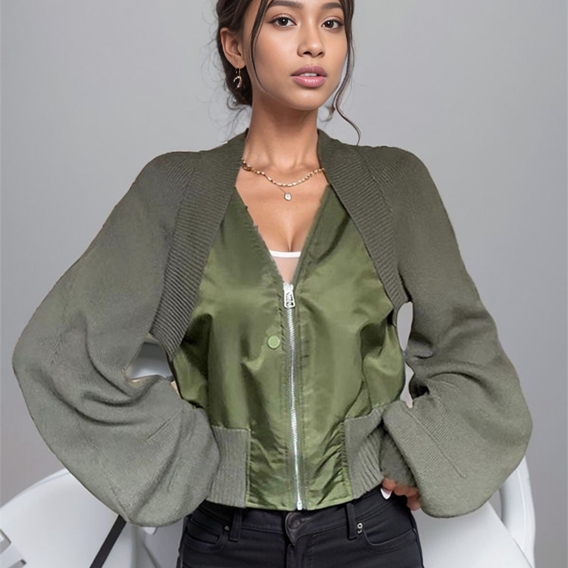 DEAT Knitted Spliced Stretch Short Jacket Womens Autumn Fashion Loose Leisure Zipper n Coat Female CP1746 250227
