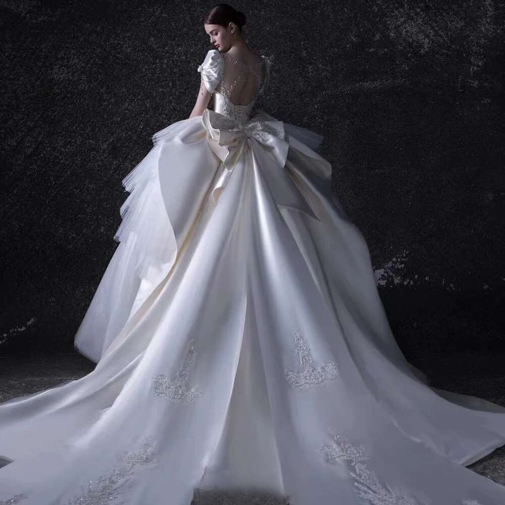 Exquisite Embroidered Square Collar Pleated Custom Short Sleeves Dresses Train Sweep Wedding Robe
