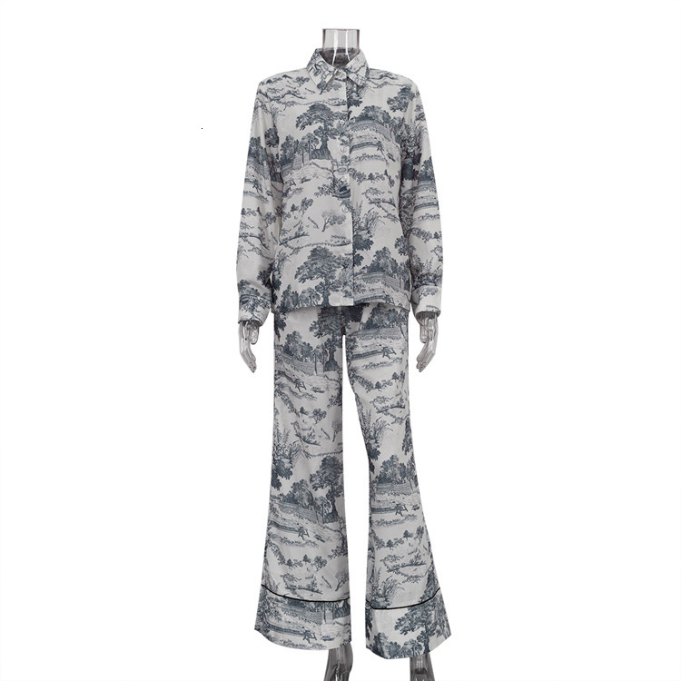 New4 New Chinese Style Ink Printing For Women's Wear, Flip Collar Shirt, High Waist Pants, Fashion Two Piece Set
