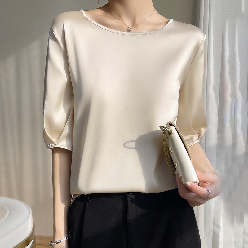 Breathable silk satin spring and summer new women's clothing round neck loose solid color acetic acid satin versatile T-shirt top