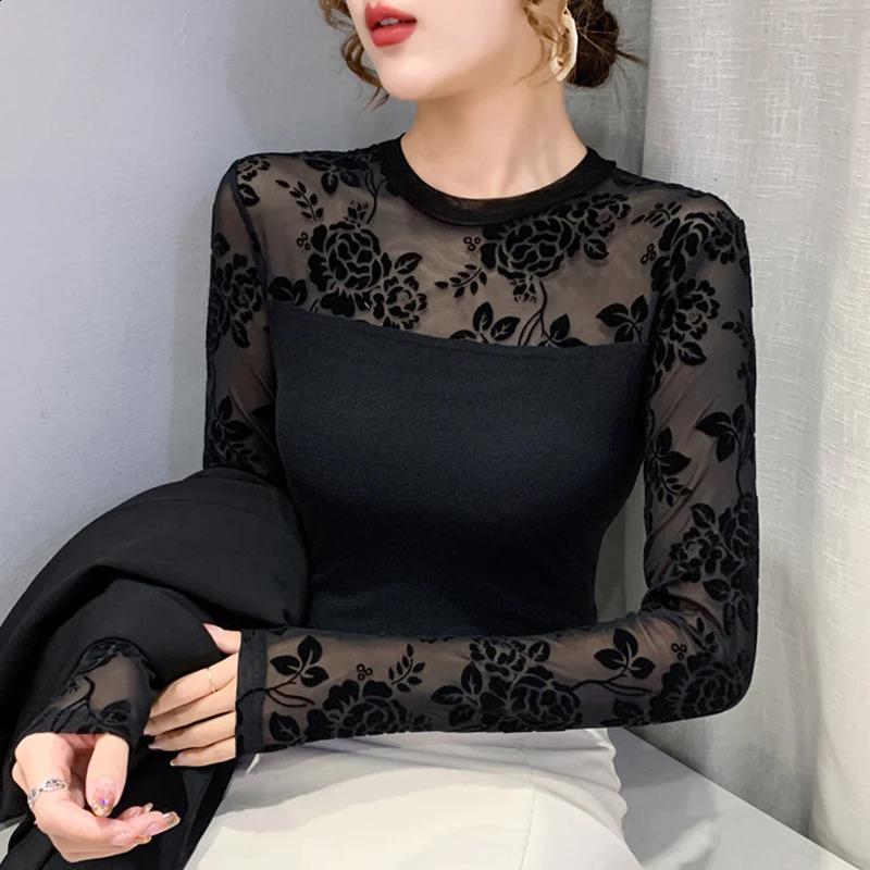 Spring Autumn 2025 Sexy Sheer Tops Long Sleeve Polka Dot Shirt Round Neck Flocking Women T shirt 250228