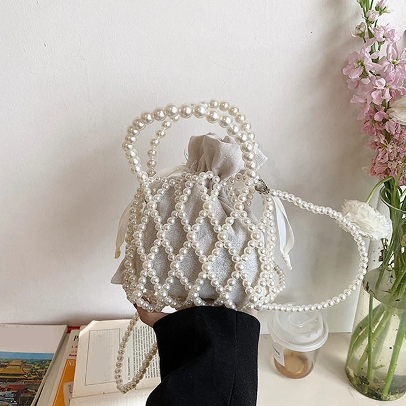 Handmade Pearl Bag Sweet Shoulder Tote Bead Handbag Women 2024 Summer Party Small Bucket Purse 250221