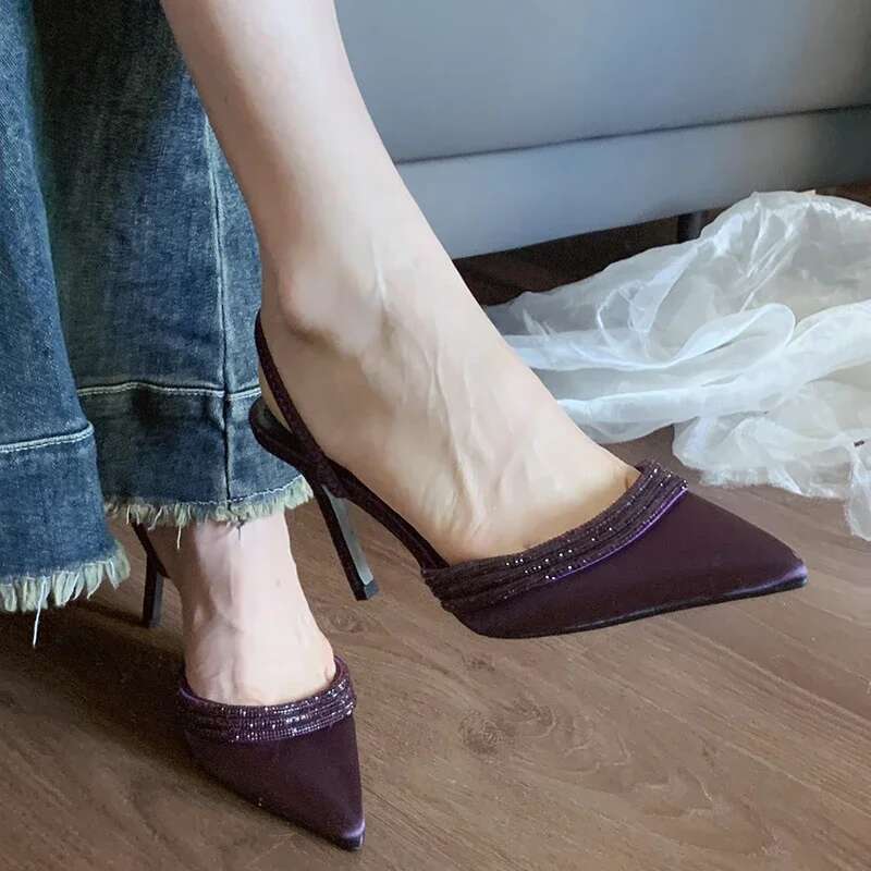 Spring Purple Women High Heel Sandals Elegant Pointed Toe Singbacks Dancing Party Prom Shoes