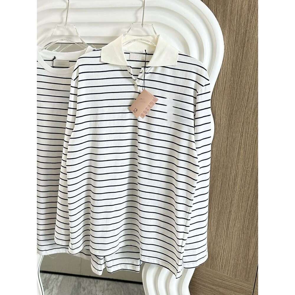 Autumn New Black And White Striped Contrasting Long Sleeved T-Shirt Thin Polo Collar Unisex Top Round Neck