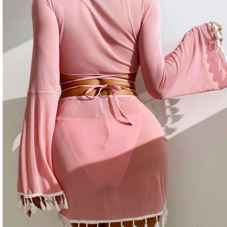 European American Conservative Four piece Solid Color Tassel Hoodie, Mesh Skirt, Bikini Wholesale Swimsuit, Women's 2025 New Style, Unique and El