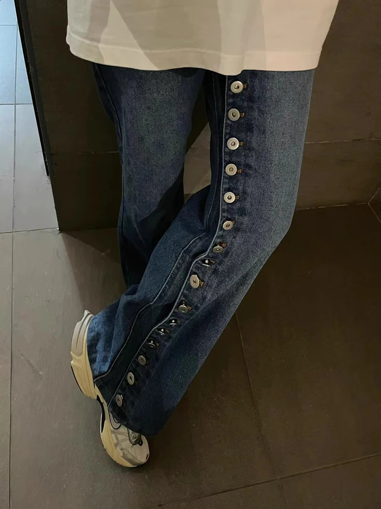 Spring Fashion Retro Multi Button Straight Jeans Womens High Waisted Wide Leg Pants Street Female Denim 250228