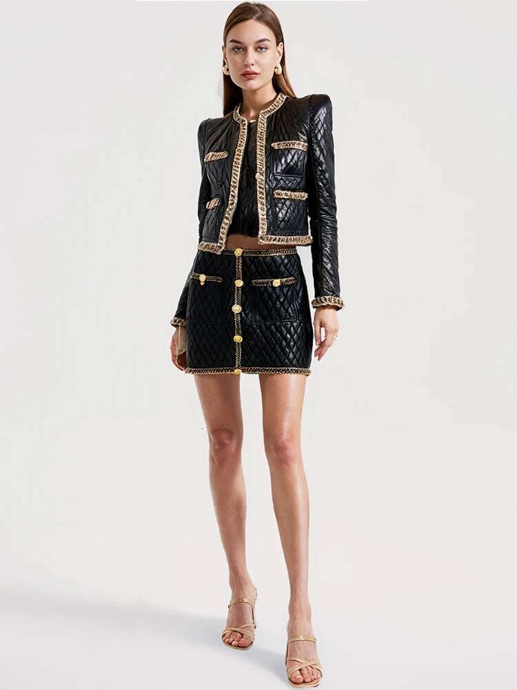 Gold Chain Edge Decoration Grid Faux Leather Cardigan Coat Blazer Black Mini Skirt Outfit Women Short Jacket