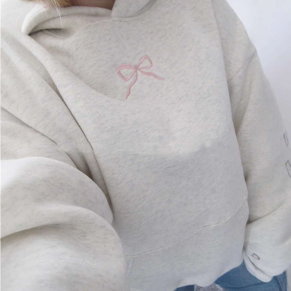 American trend new cotton minimalist floral letter bow pattern gray pullover hoodie top