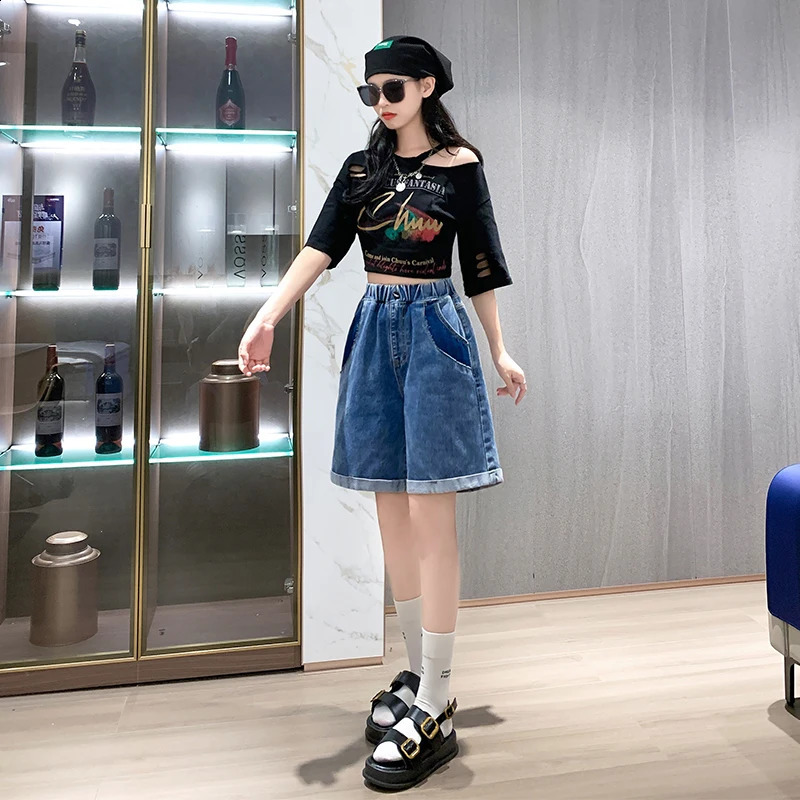 Plus Size Denim Short Jean Shorts For Women Summer 2024 Half Length Crimping Streetwear Blue Female 250228Z