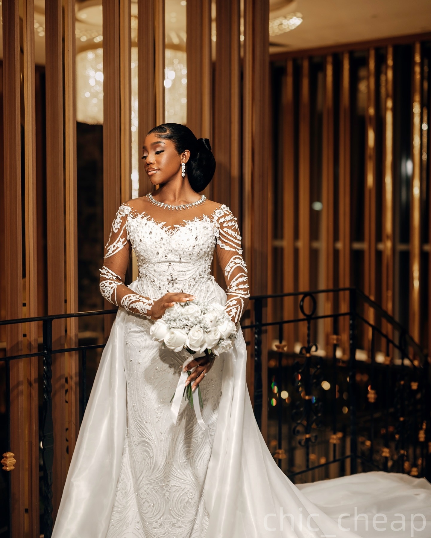 2025 Arabic Aso Ebi Plus Size Ivory Wedding Dress Lace Crystals Sheer Neck Sequined Lace Detachable Train Bridal Gowns Dresses ZJ059
