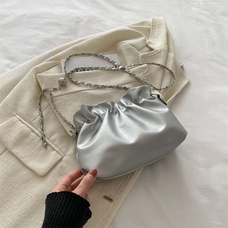 French Crossbody Fashion Shoulder Bucket Pure Colour Leisure Large Capacity Women's Bag Chain Decoration PU Mate