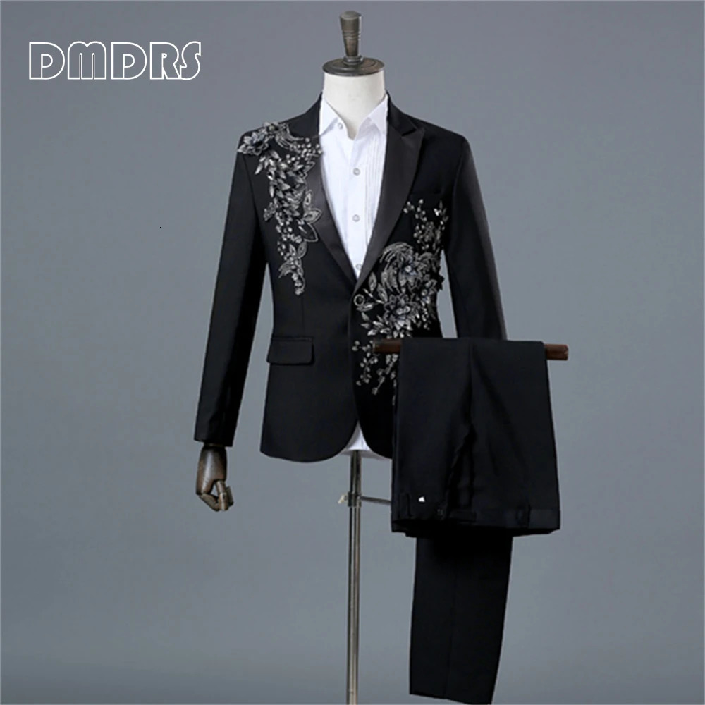Beaded Mens Prom Suit Set Singer Sequined Party 2 Pieces Tuxedo Blazer Pants Plus Size Men Suits Images 250224