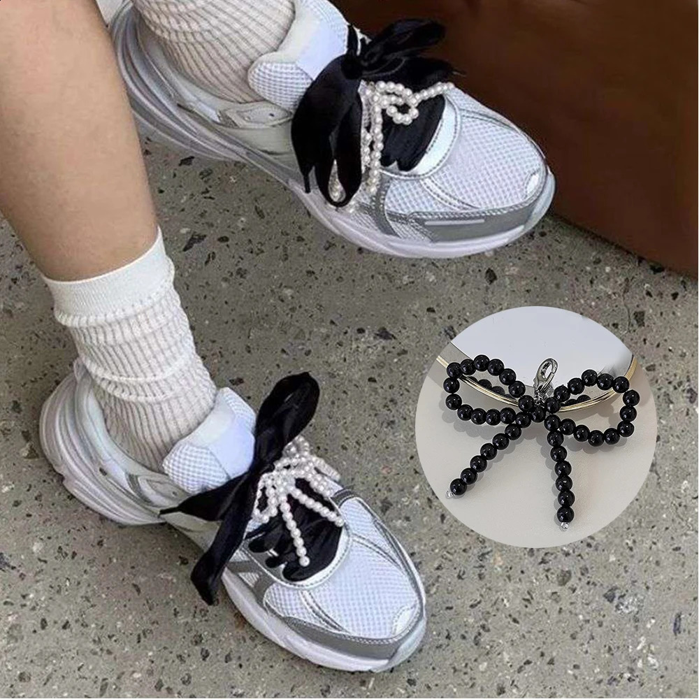 1pair Fashion Pearl Bowknot Shoelace Accessories Silver Jelly Color Bow Shoe Charms Sneakers Decorations DIY Phone Chain Jewelry 250218