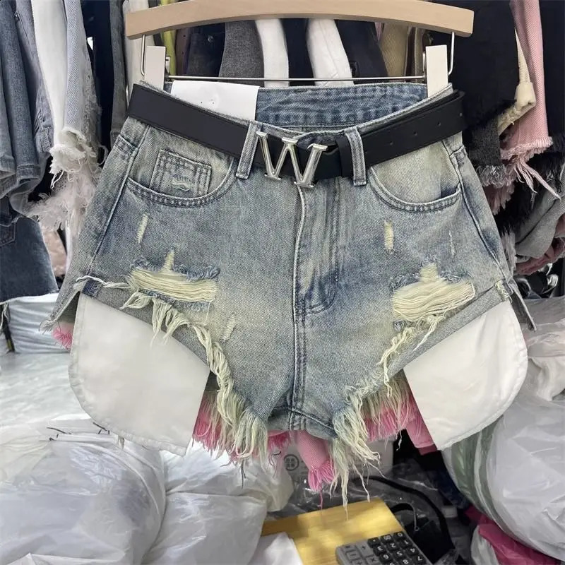 Fashionable womens denim shorts ragged and retro sexy in a word super 250228Z