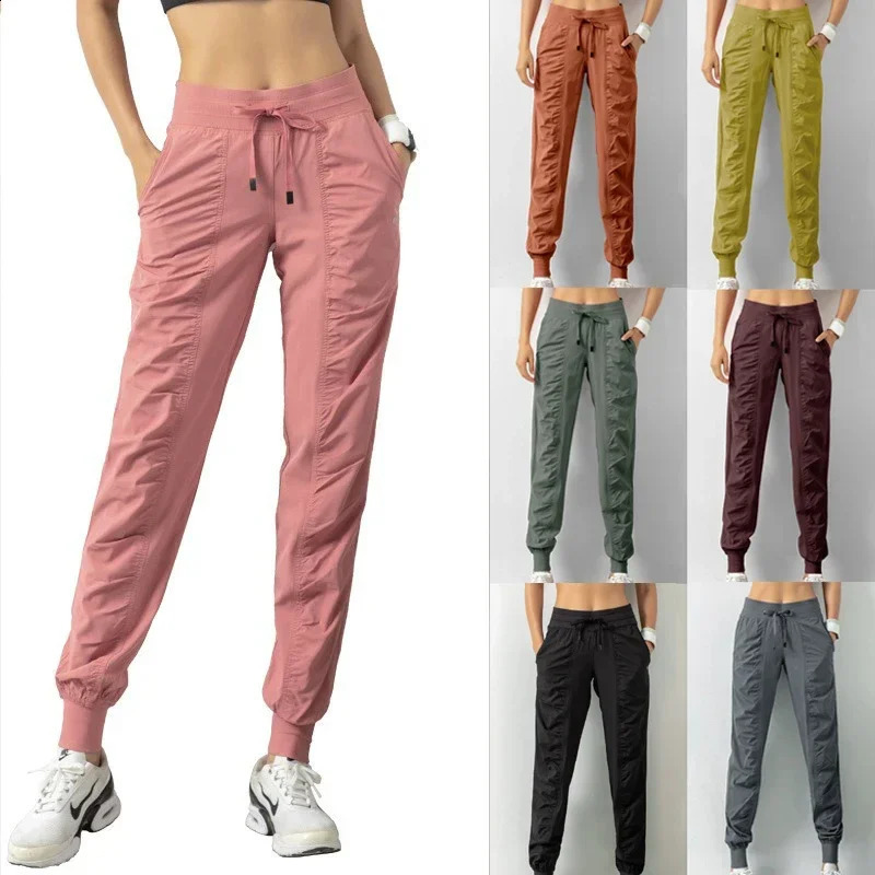 Sweatpants Fabric Drawstring Running Sport Joggers Women Quick Dry Athletic Gym Fitness with Two Side Pockets Exercise Pants 250226