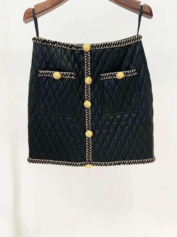 Gold Chain Edge Decoration Grid Faux Leather Cardigan Coat Blazer Black Mini Skirt Outfit Women Short Jacket