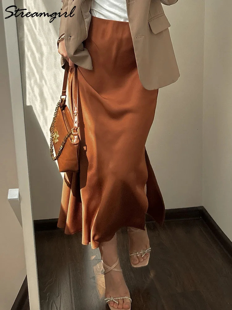Black Slit Satin Silk Skirt Women Maxi Spring Summer 2025 Elegant A Line Slit Skirt Satin Ladies Office Long Skirts For Women 250227