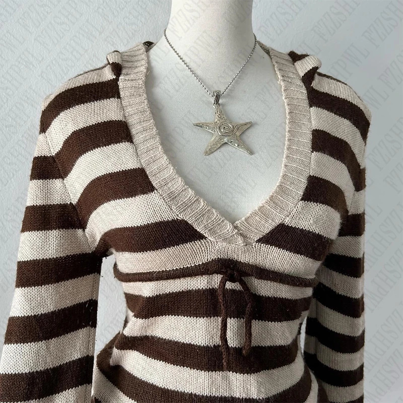 Vintage Harajuku Women hooded pullover sweater Y2K striped streetwear casual hip-hop rock punk autumn and winter sweater emo 250227