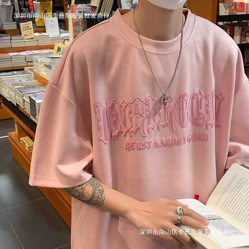 Suede pink short for men in summer, 220g foam high street trendy clothes, casual half sleeved T-shirt
