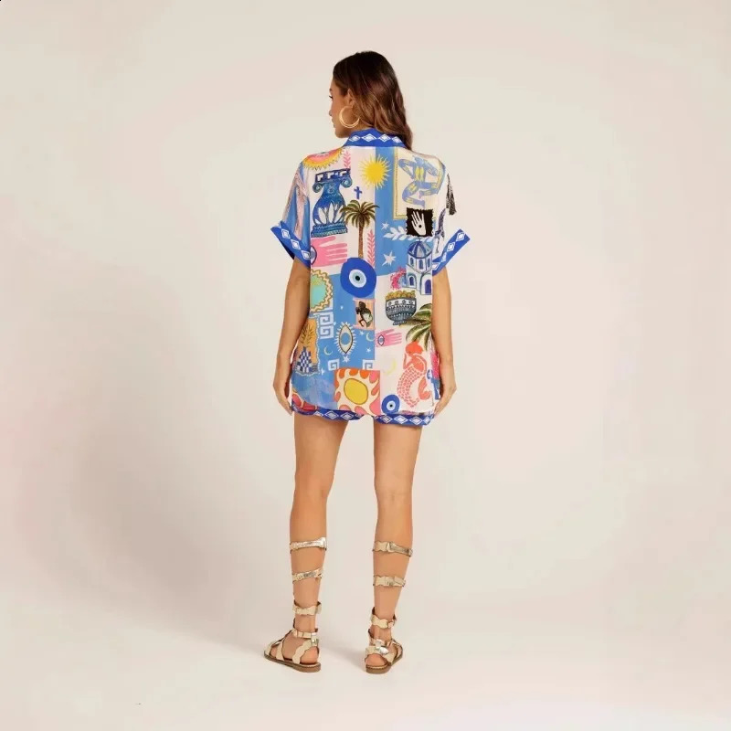 SpringSummer Fashionable Womens Versatile Positioning Printed Cardigan Shirt Shorts Casual Set European and American 250228
