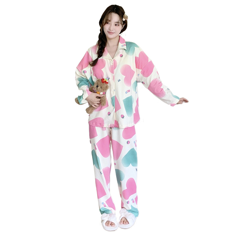 G220 New Women's Double Long Cardigan Lapel Cartoon Printing Pull-on Cotton Comfortable Set Pajamas
