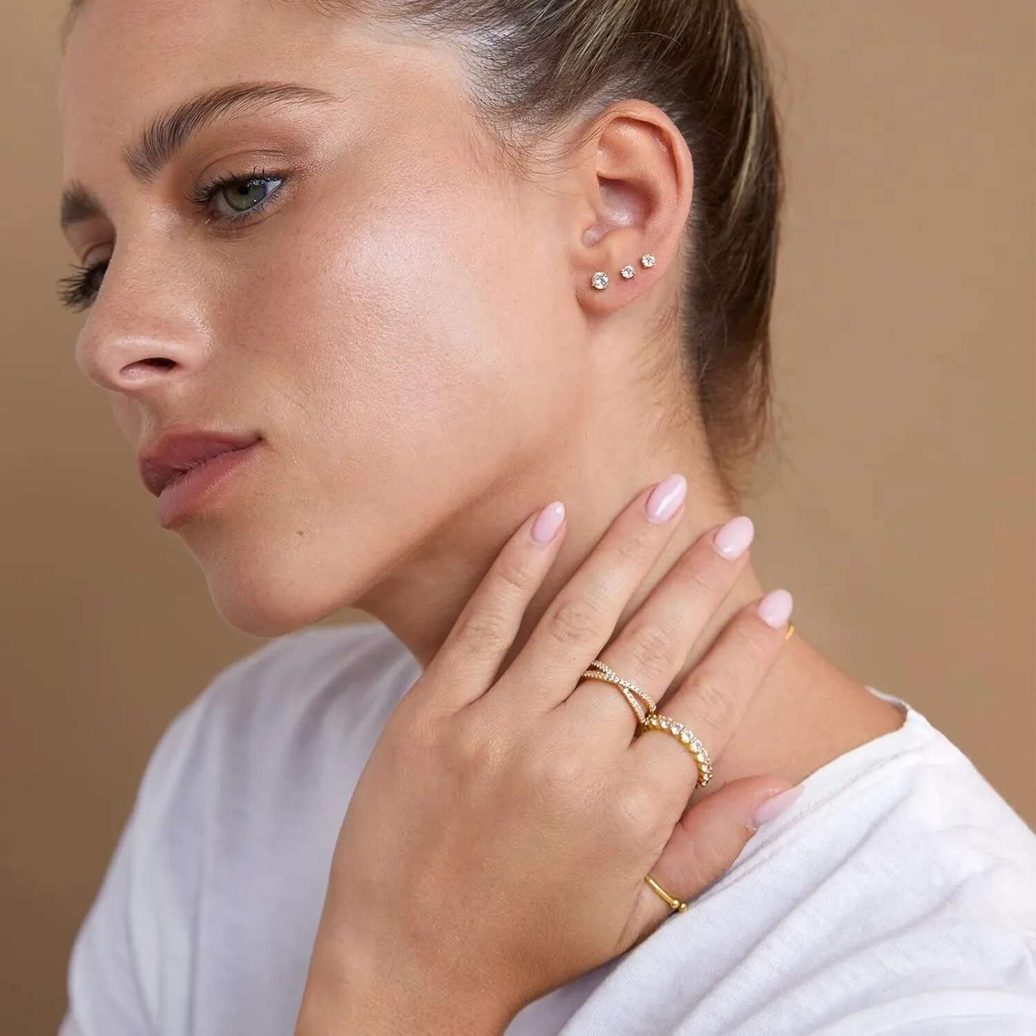 14K Gold Sier Plated Cubic Zirconia Flat Back Piercing Jewelry Stud Earrings for Women