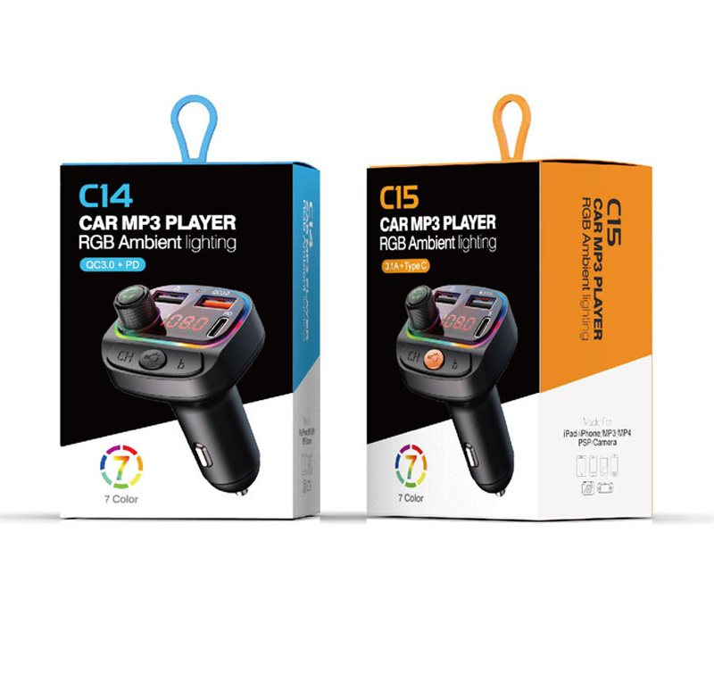 C14 C15 Car Bluetooth MP3 Player Atmosphere Light QC3.0 PD 20W Fast Charging FM Broadcaster For iPhone 16 15 14 13 12 Plus Pro Max Samsung Google Ando