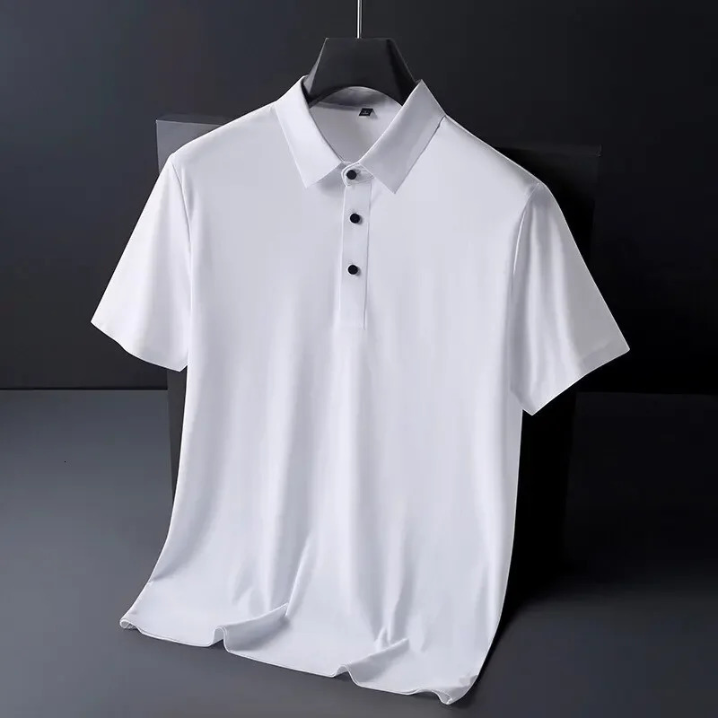 Summer Ice Silk Polo Shirt High-End T-Shirt Solid Color Half Sleeve Non-Marking Casual Lapels Business Thin Menswear 250225