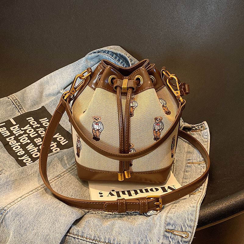 Canvas Bucket Bag with PU Embroidery Cute Bear Design for Women Lightweight Handheld and Shoulder Style