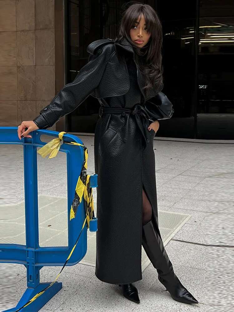 Vintage PU Leather Belts Long Jacket For Women Double Breasted Turn-Down Collar Street Coats Motorcycle Female Winter Outwear