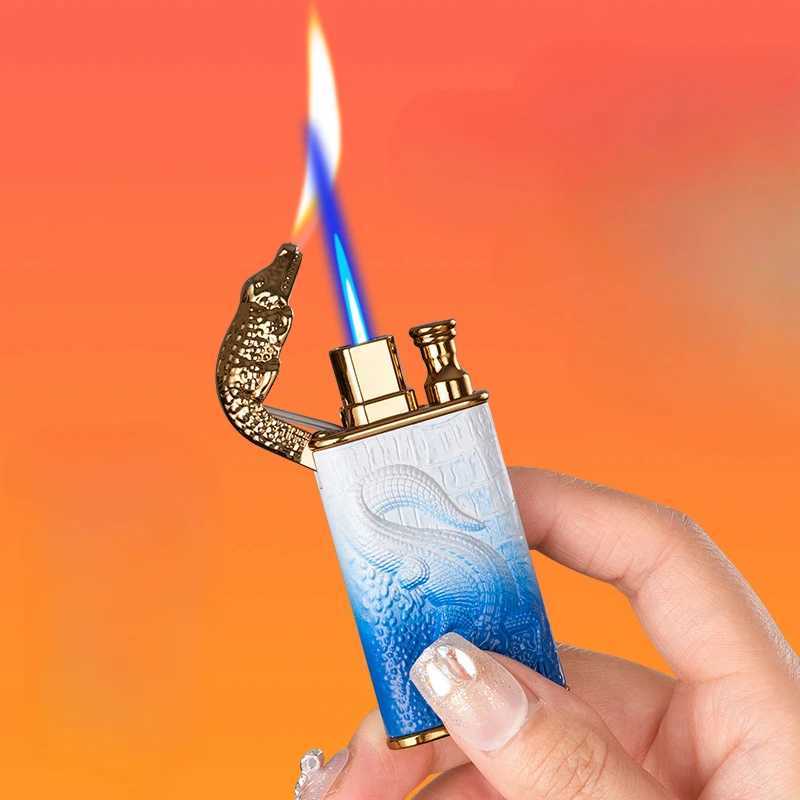 2024 3D Relief Dragon Crocodile Double Fire Lighter Metal Windproof Jet Fire Open Fire Conversion Gas Lighter Smoking Mens Gift Y250228