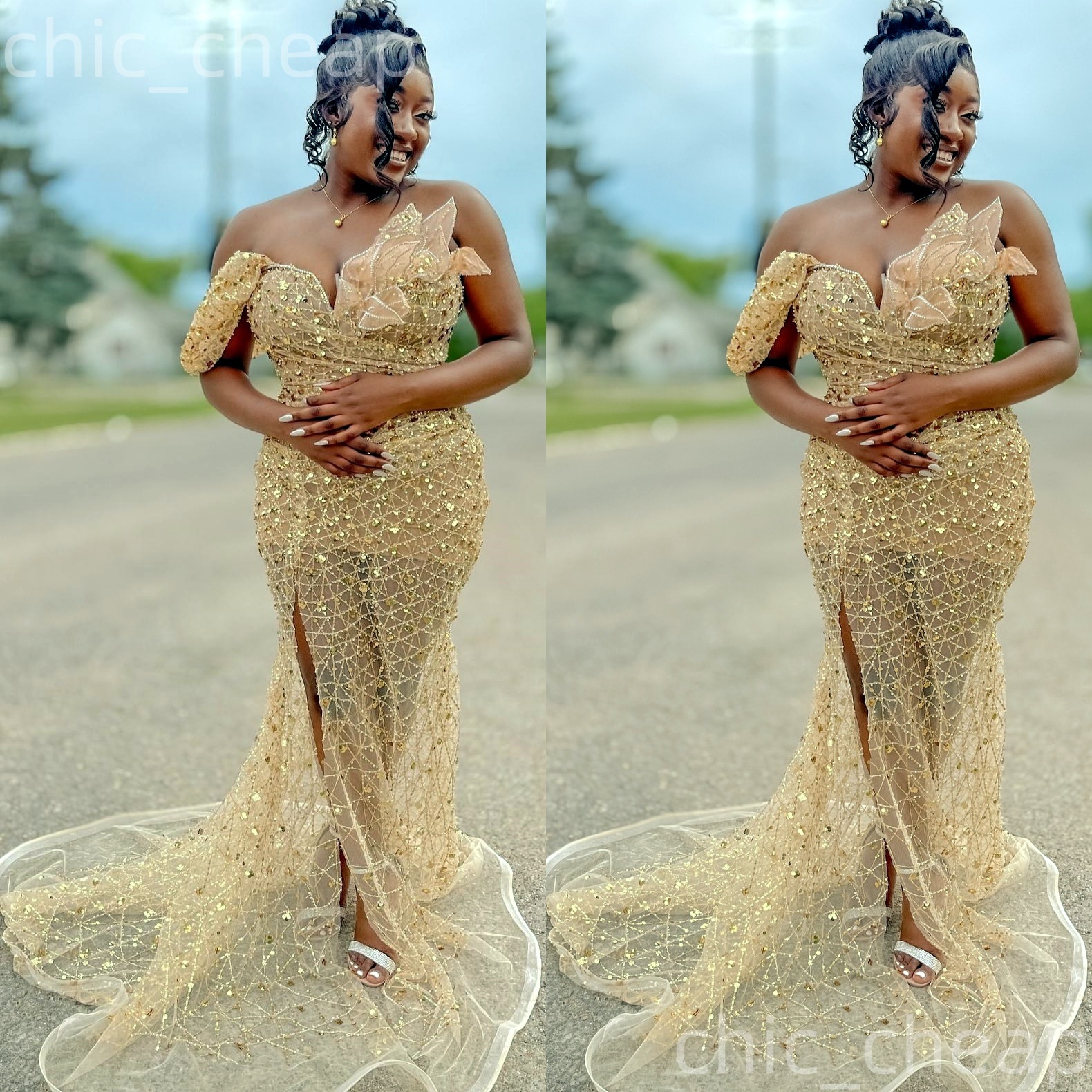 Gold Mermaid Prom Dresses 2025 Florals Sequined Illusion Evening Formal Party Second Birthday Engagement Gowns Plus Size Dress For Special Occasions
