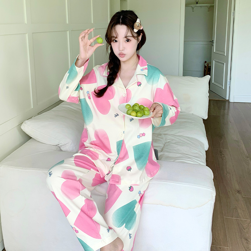G220 New Women's Double Long Cardigan Lapel Cartoon Printing Pull-on Cotton Comfortable Set Pajamas