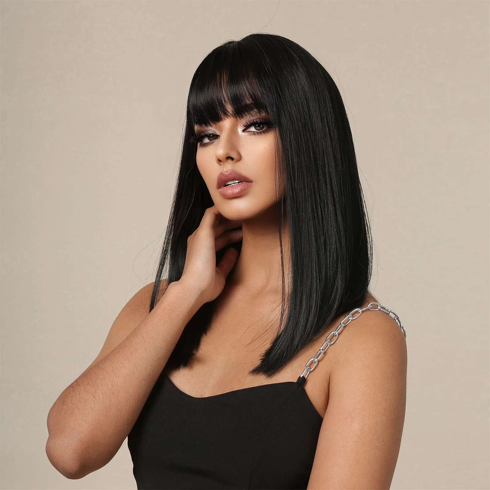 Straight Black Bob Synthetic With Bangs Medium Long Cosplay Layered Wigs For Woman Natural Hair Daily Wig Heat Resistant