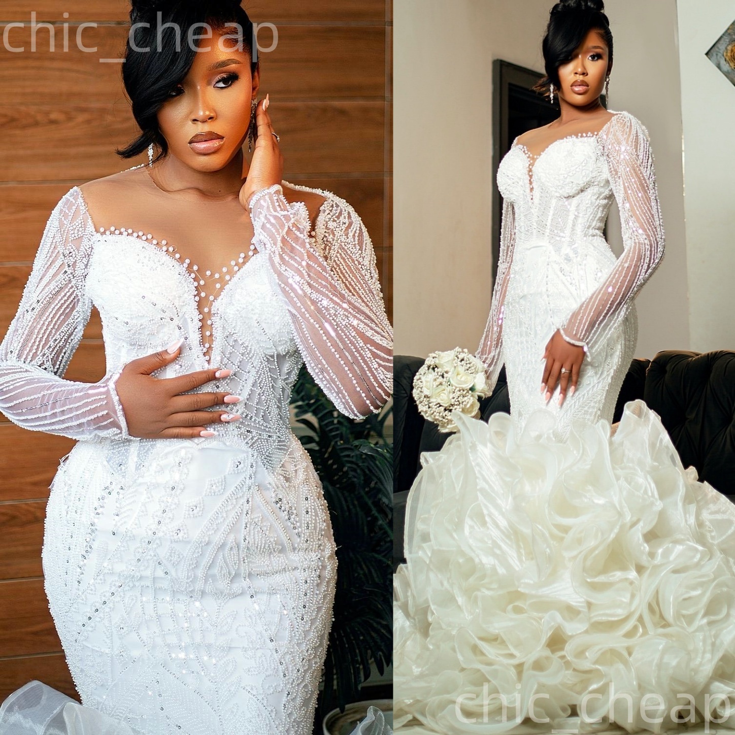 2025 Arabic Aso Ebi Plus Size Ivory Wedding Dress Pearls Sequined Full Sleeves Organza Detachable Train Bridal Gowns Dresses ZJ058