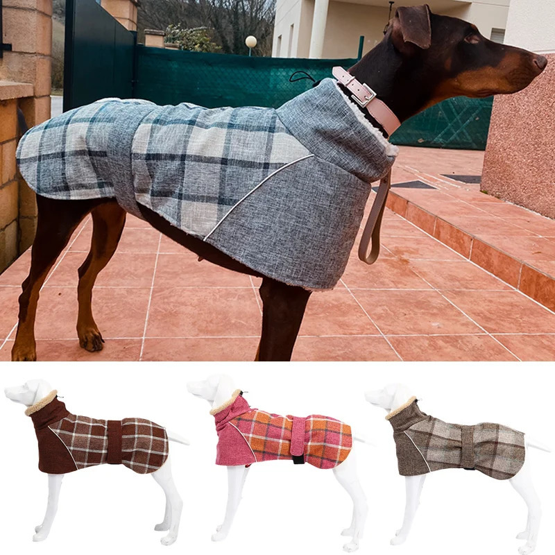 Warm Fleece Winter Big Dog Clothes Fashion Plaid Print Pet Jacket with Belt for Medium Large Dogs Greyhound Weimaraner Clothing 250226