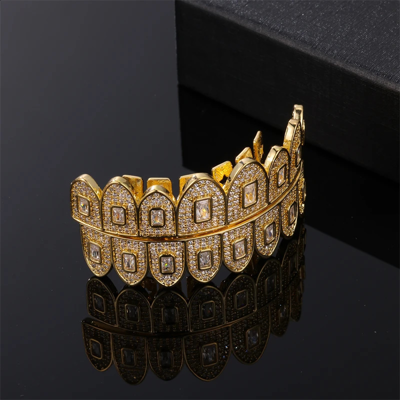Full Baguette CZ Stones Teeth Caps Cubic Zircon Iced Out Micro Pave Top Bottom Charm Grills For Men Women Jewelry 250219