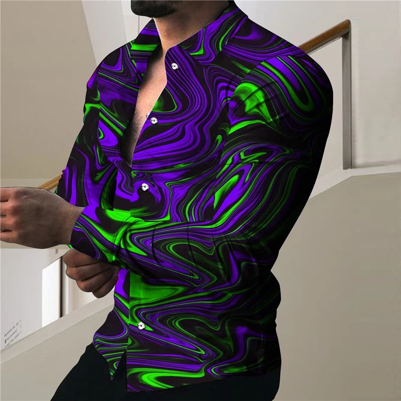 2023 Autumn Fashion Social Mens Shirt Polo Button Casual Western Print Top Prom Cardigan Plus Size M3XL 250226