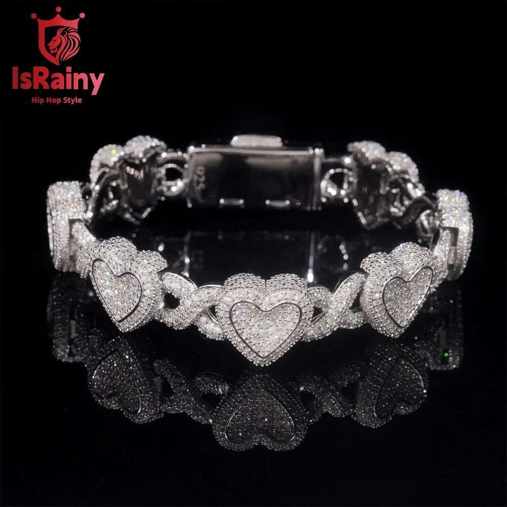 IsRainy Hip Hop Rock 100% Sterg Sier D Color Real GRA Moissanite Dias Heart Cuban Chain Bracelets Fine Jewelry Gift