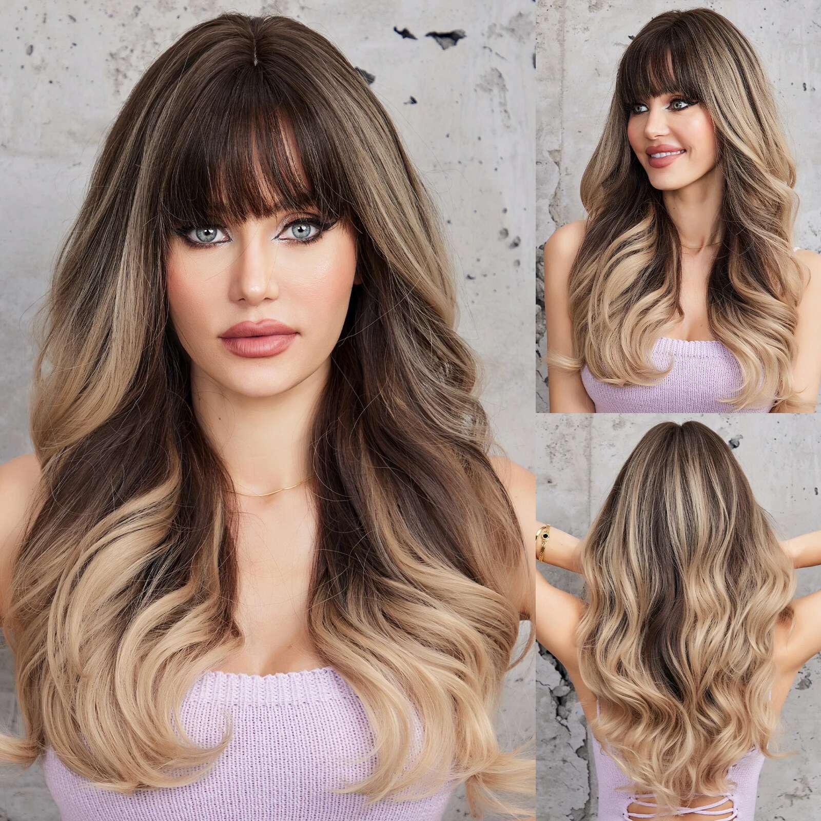 Brown Blonde Omber Long Wavy Wig With Bangs For Women Synthetic Wigs Natural Daily Cosplay Party High Temperature Fake Hair