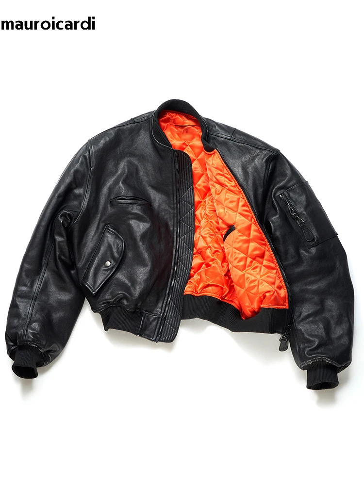 Mauroicardi Autumn Winter Cool Handsome Short Vintage Thickened Warm Black Pu Leather Bomber jacket Men Clothes 250225