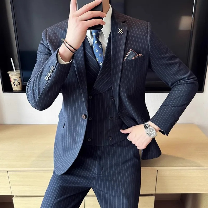 2023 Fashion Men Casual Boutique Business Striped Slim Fit Wedding Dress Suit Coat Set Male 3 Pcs Blazers Jacket Pants Vest 250224