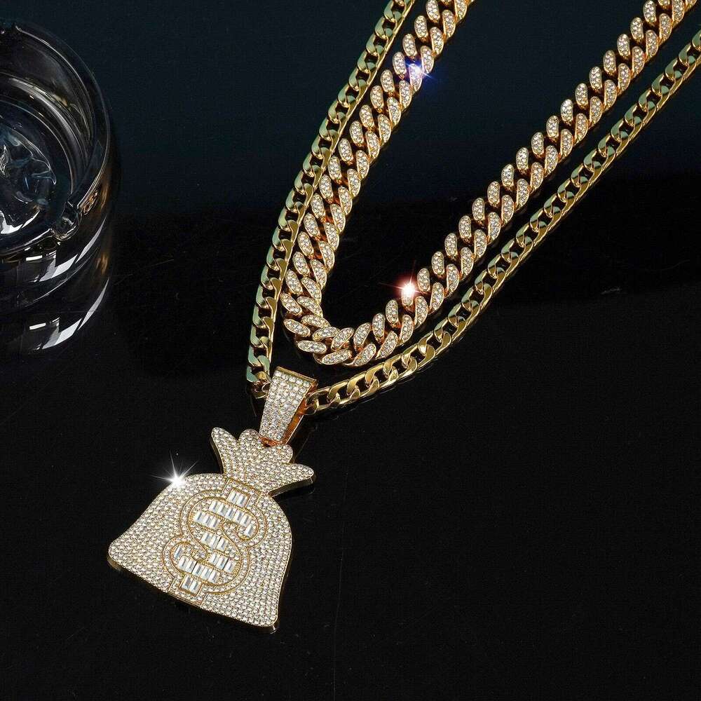 Creative Hip Hop Beauty Money Bag Necklace Pendant for Men and Women, Double layered Stacked Full Dia Cuban Chain