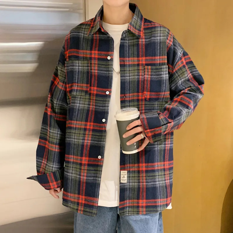 Autumn Long Sleeved Shirt Men Fashion Oversized Plaid Streetwear Korean Loose Casual Shirts Mens Large Size M5XL 250226
