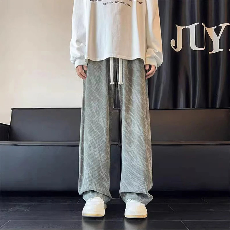 TieDye Corduroy Mens Winter Pants 2024 American Vintage Loose Straight Wide Legs Drawstring Sweatpants Y2k Cargo Man 250228Z