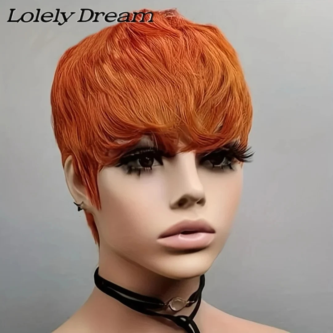 Ginger Color Short Peruvian Hair Wig with Bangs Orange Color full machine made Short Pixie Cut Bob Wig 100% Human Hair Wigs 250227