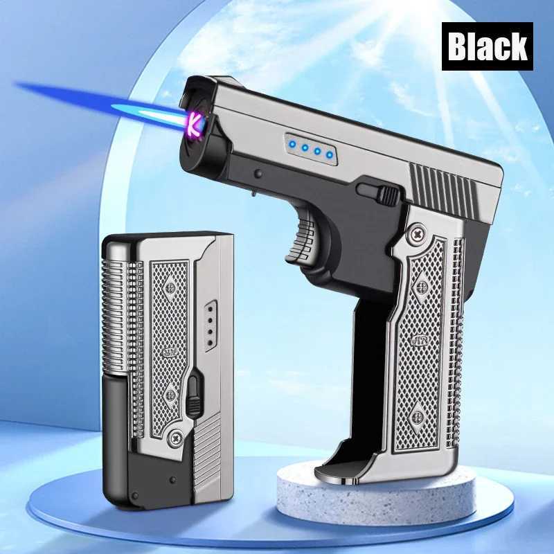 New Windproof Gas-Electric Plasma Type C USB Rechargeable Lighter Gift Men Folding Gun Butane Torch Turbo Jet Flame Cigar Lighter Y250228