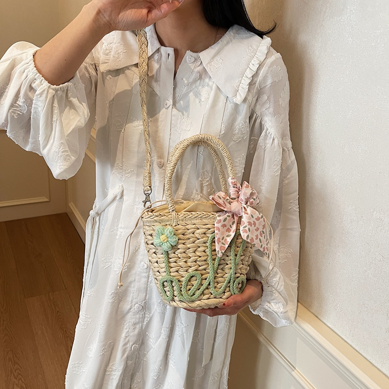 Handheld straw bucket for women 2025 new summer fashion woven single shoulder crossbody bag, vacation beach bag #swissmilitary